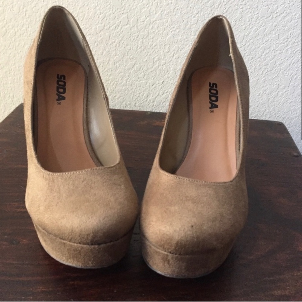 SODA brown suede platform wedges, size 8